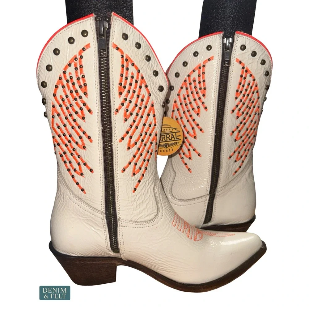 NEW Corral Fluorescent Studded White Pink Western Cowgirl Boots Round Toe Size 8